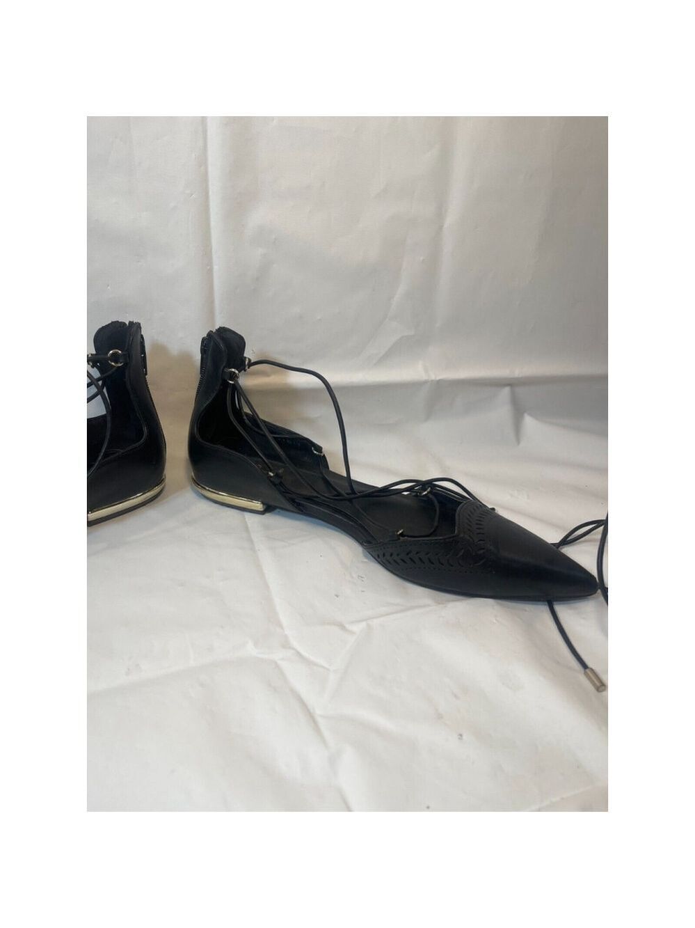 Aldo Women's Black Leather Lace Up Gladiator Pointed Toe Back Zip Flat Shoes 9 - Picture 9 of 12
